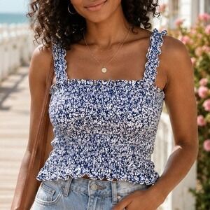 Smocked Cami Tank Blue White Floral Women's S Old Navy